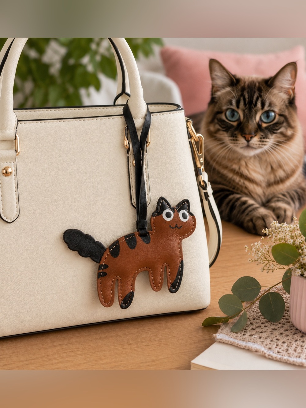 Brown & Black Striped Cat Faux Leather Bag Charm